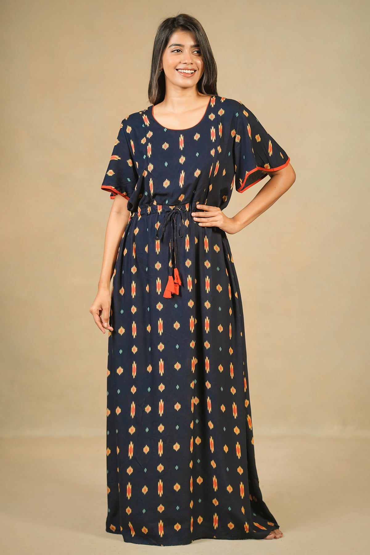 Allover Ikkat Printed Nighty - Navy