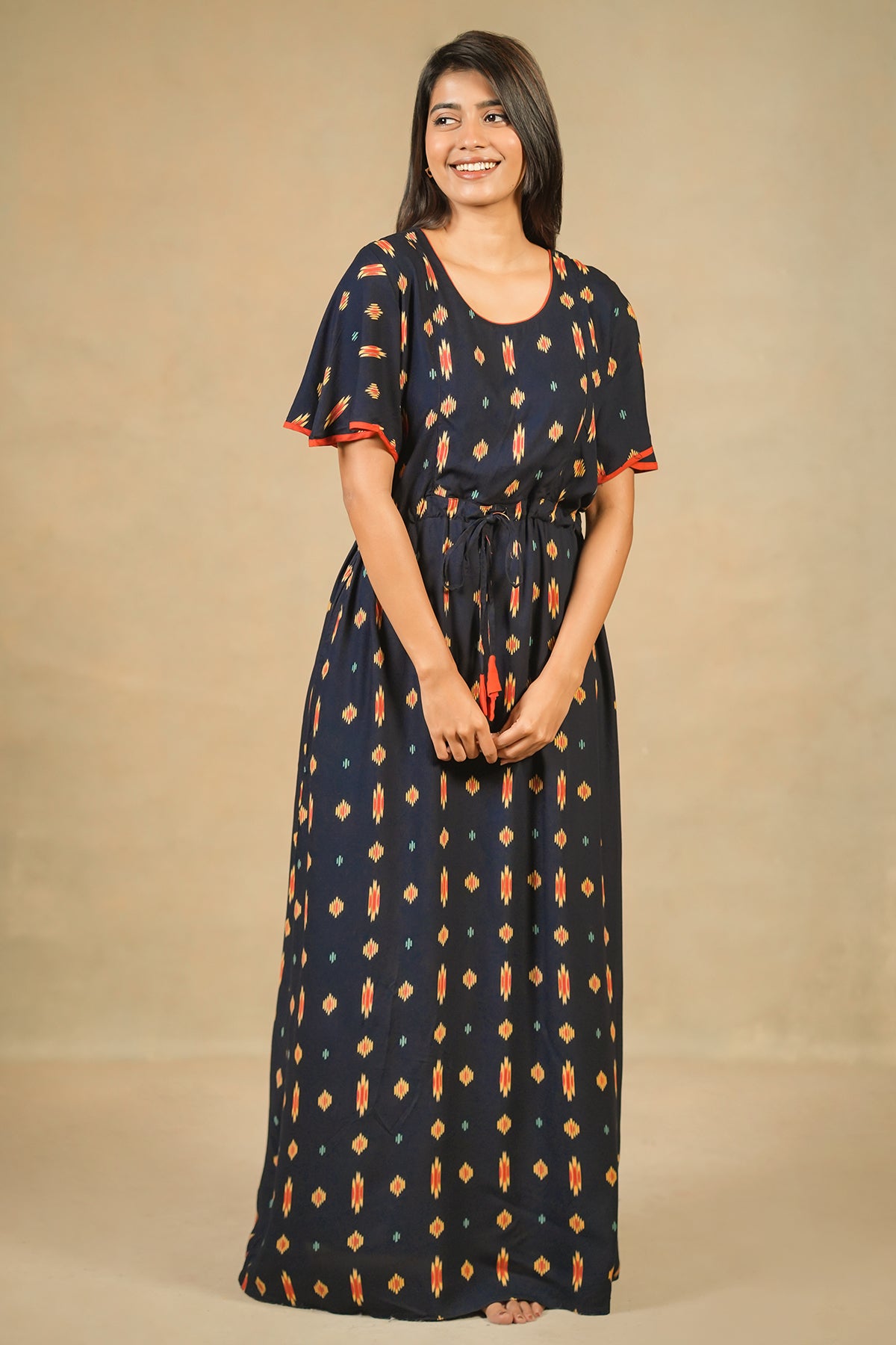 Allover Ikkat Printed Nighty - Navy