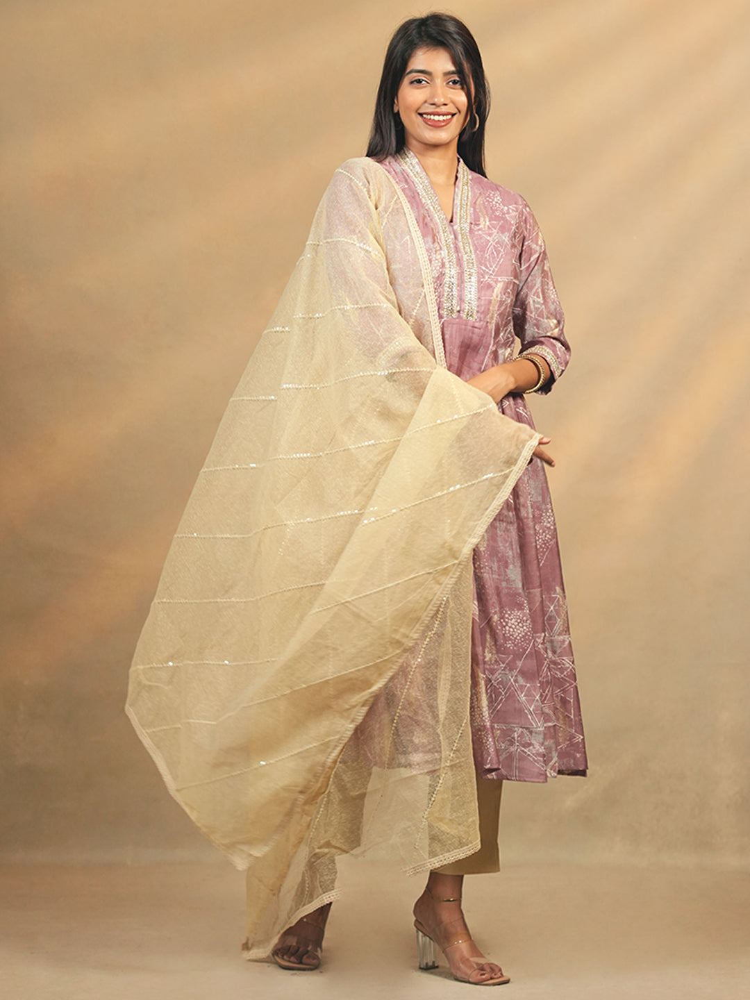 All Over Feather Printed Kurtaset With Sequins Embellished Dupatta Purple Beige