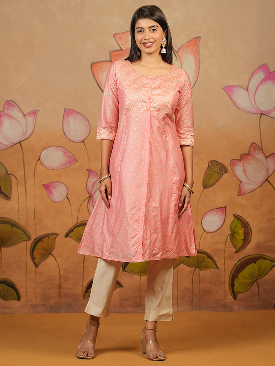 Jaali Printed With Brocade Yoke Kurta Pink