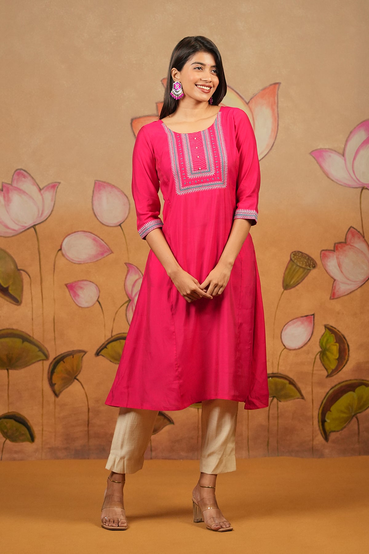 Floral Embroidered Yoke Kurta Pink