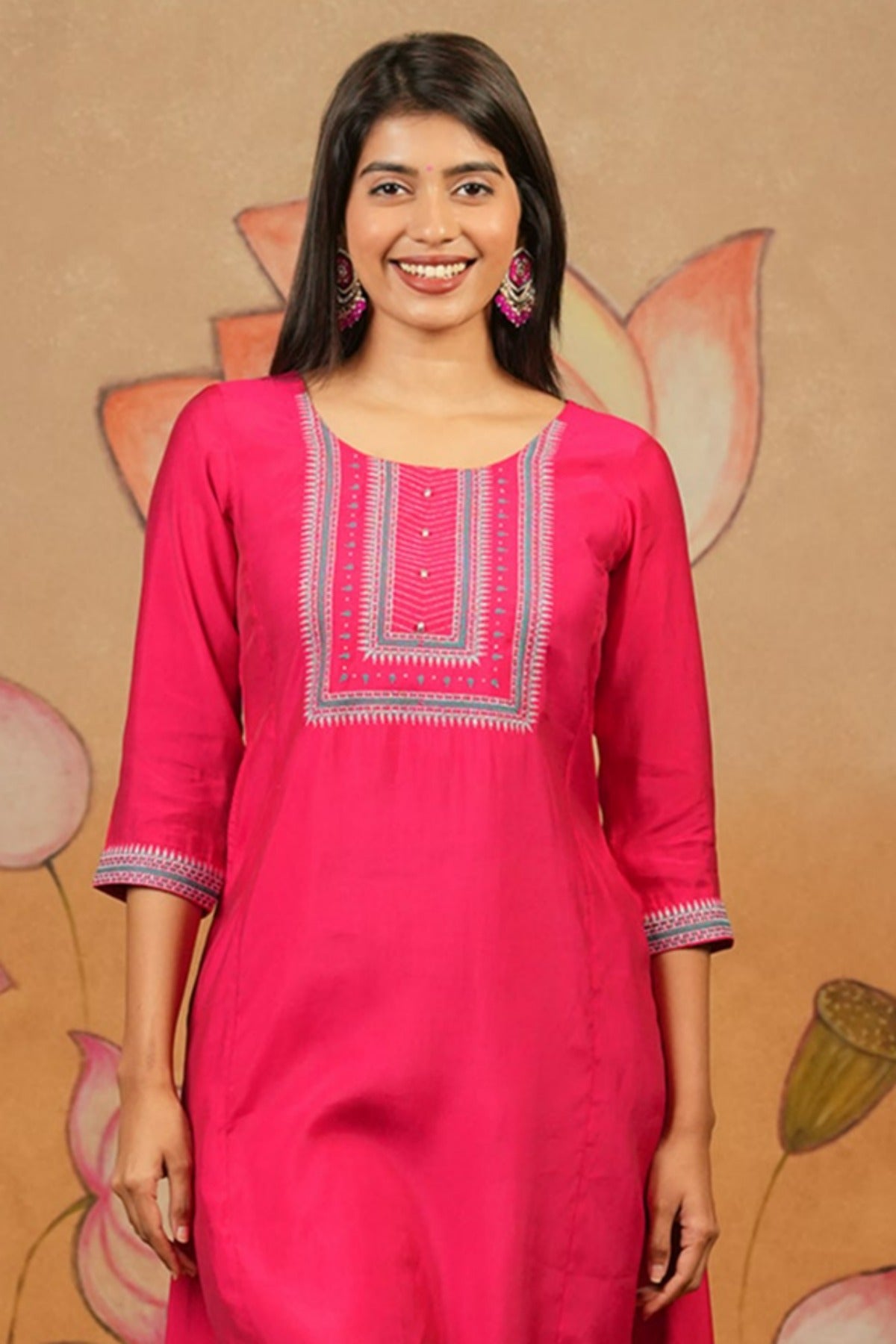 Floral Embroidered Yoke Kurta Pink