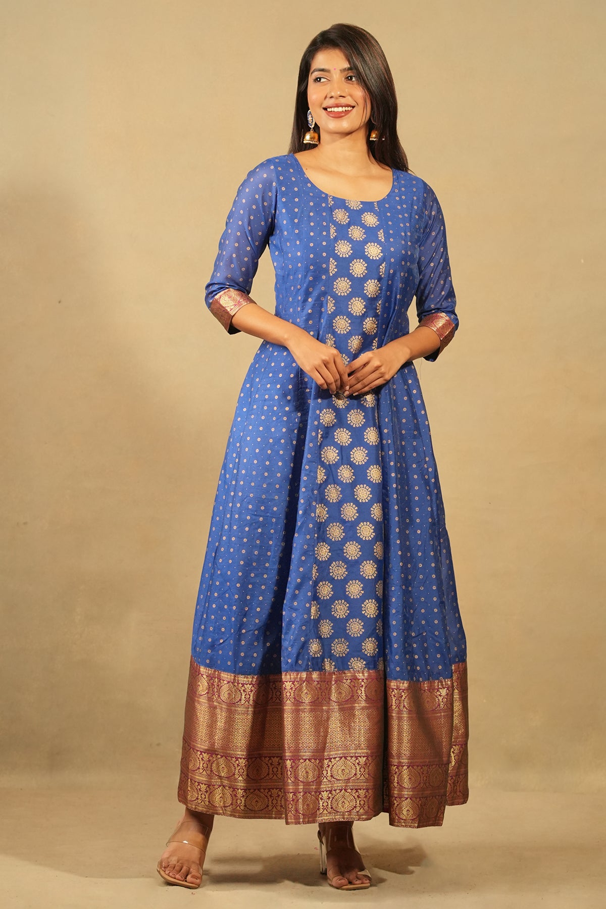 Brocade Inspired All Over Print With Silk Border Anarkali Blue