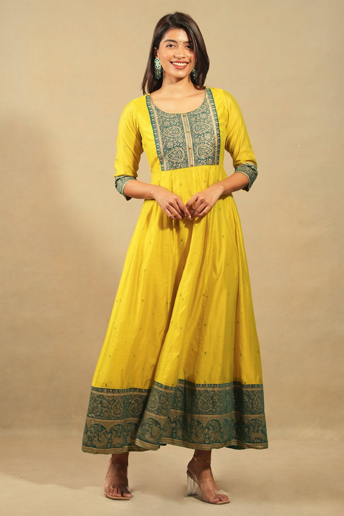 Embroidered Brocade Patchwork With Zari Border Anarkali Green