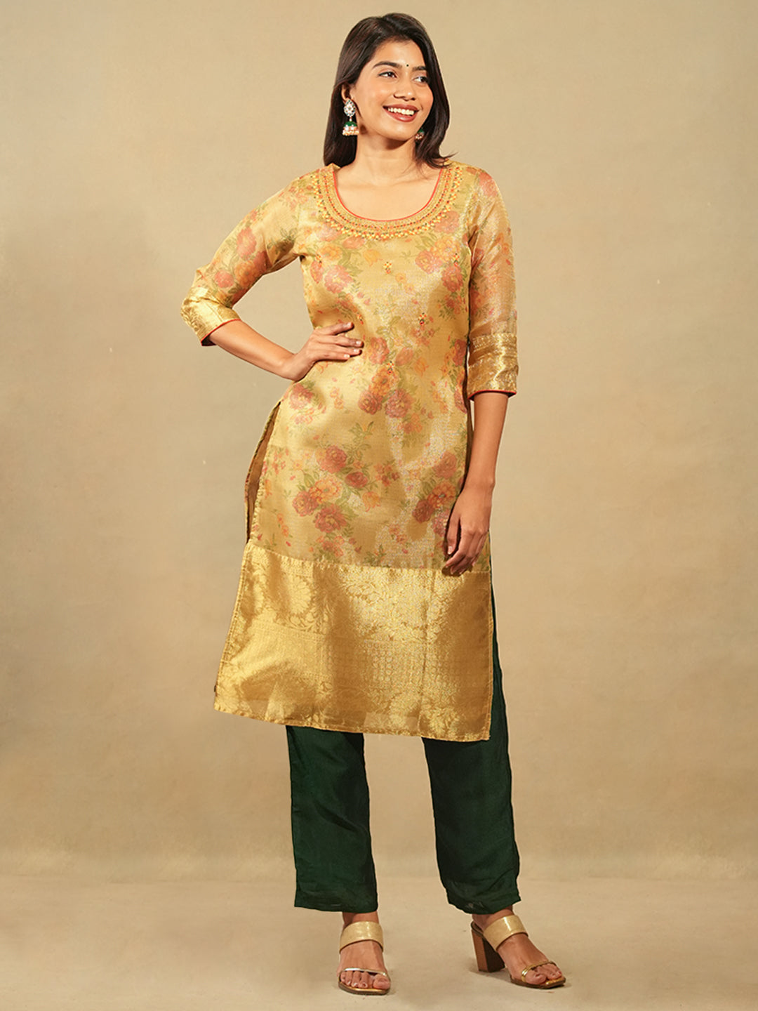 Floral Printed With Zari Border Kurta Mustard