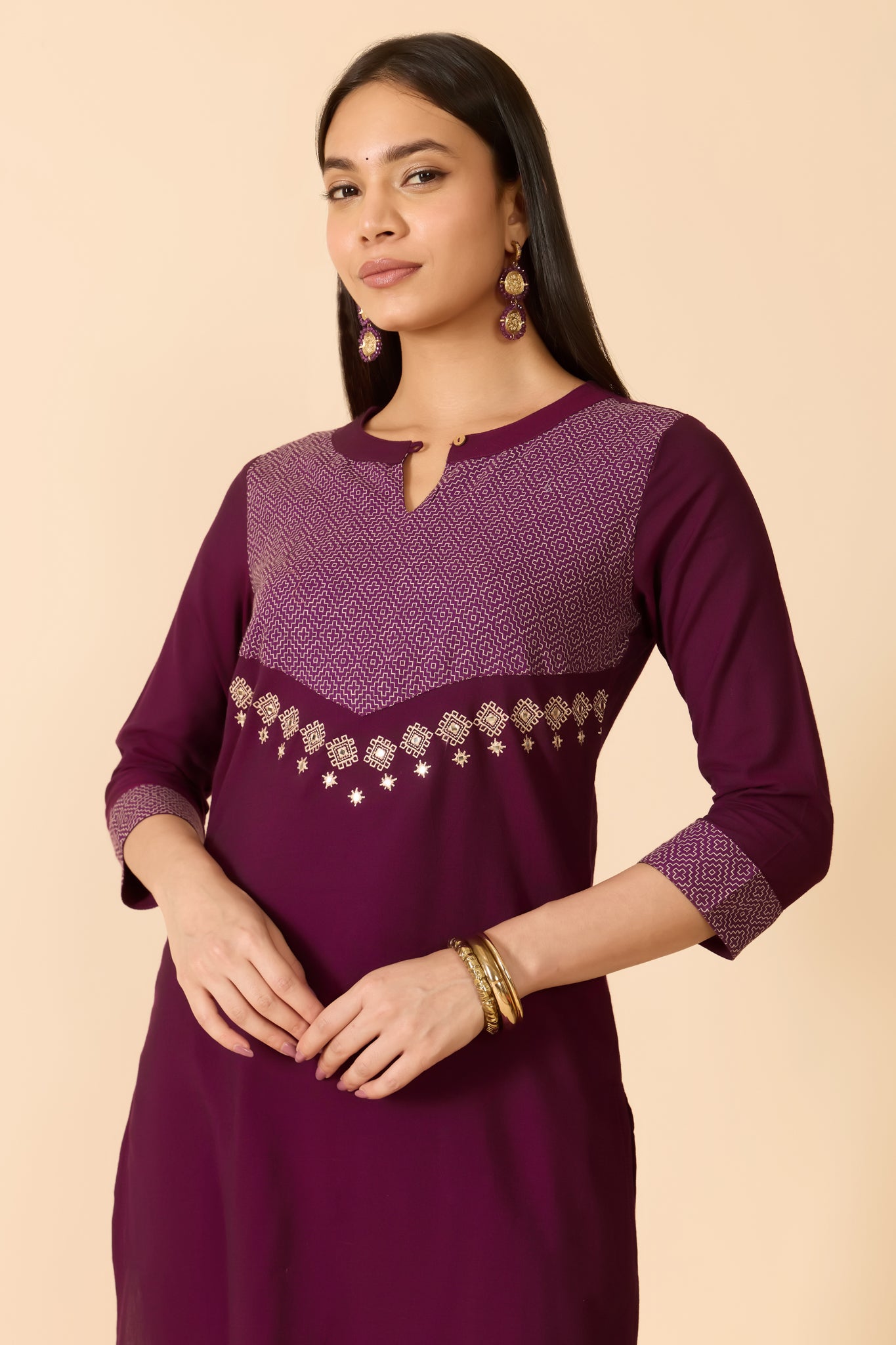 WINE EMBROIDERED YOKE KURTA PANT SET