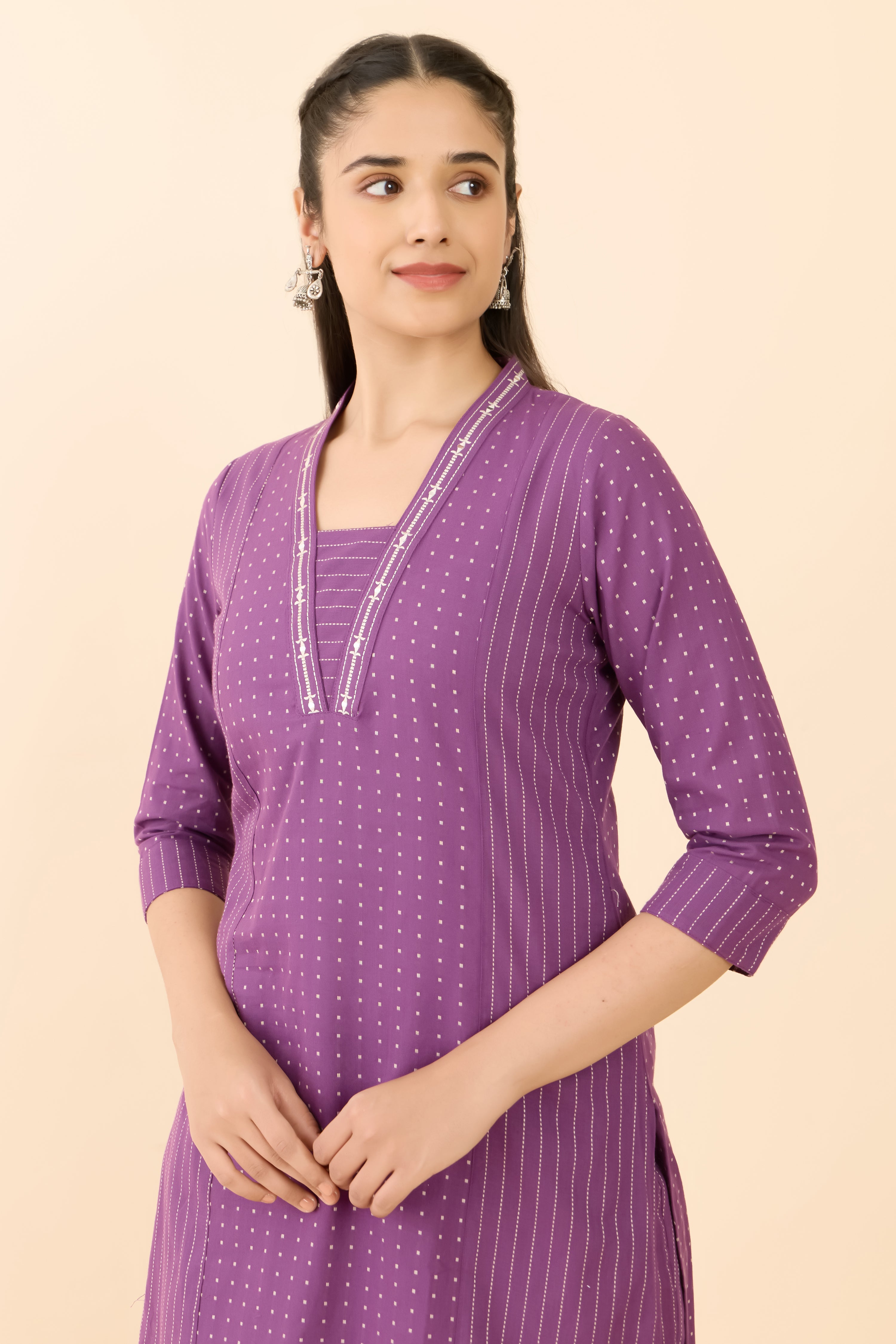 PURPLE POLKA DOT & STRIPE PRINTED STRAIGHT KURTA SET