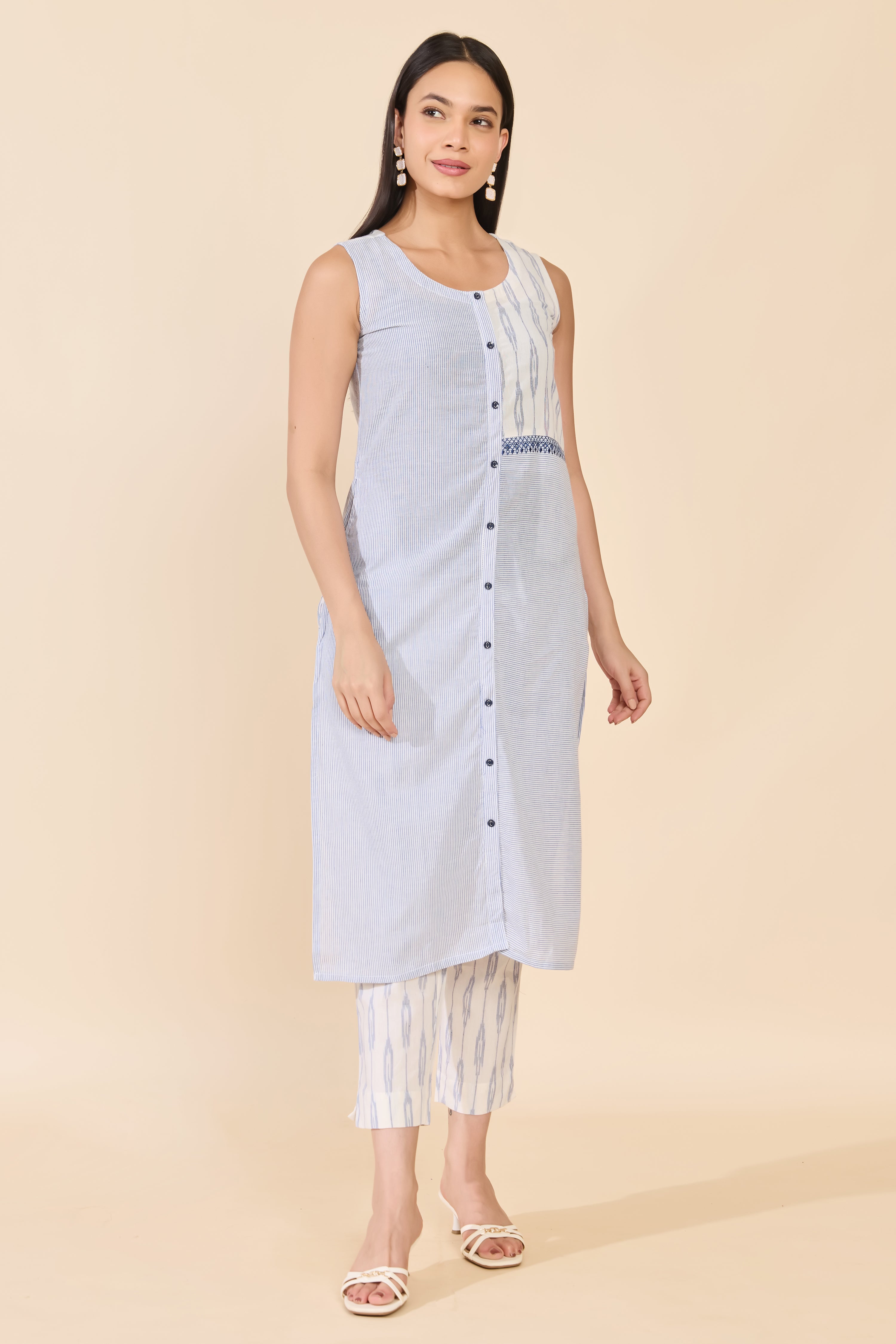 BLUE & WHITE IKAT KURTA PANT SET