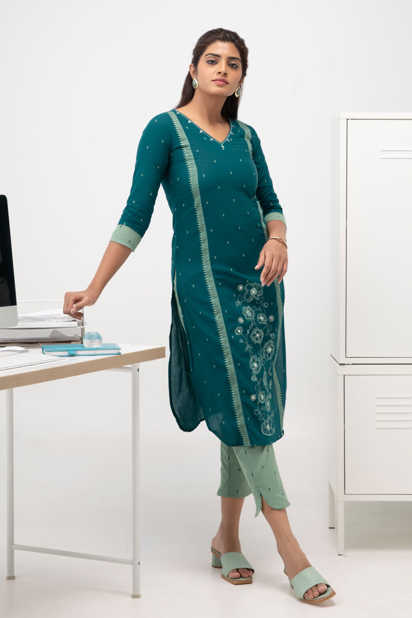Green Cotton Kurta Pant Set