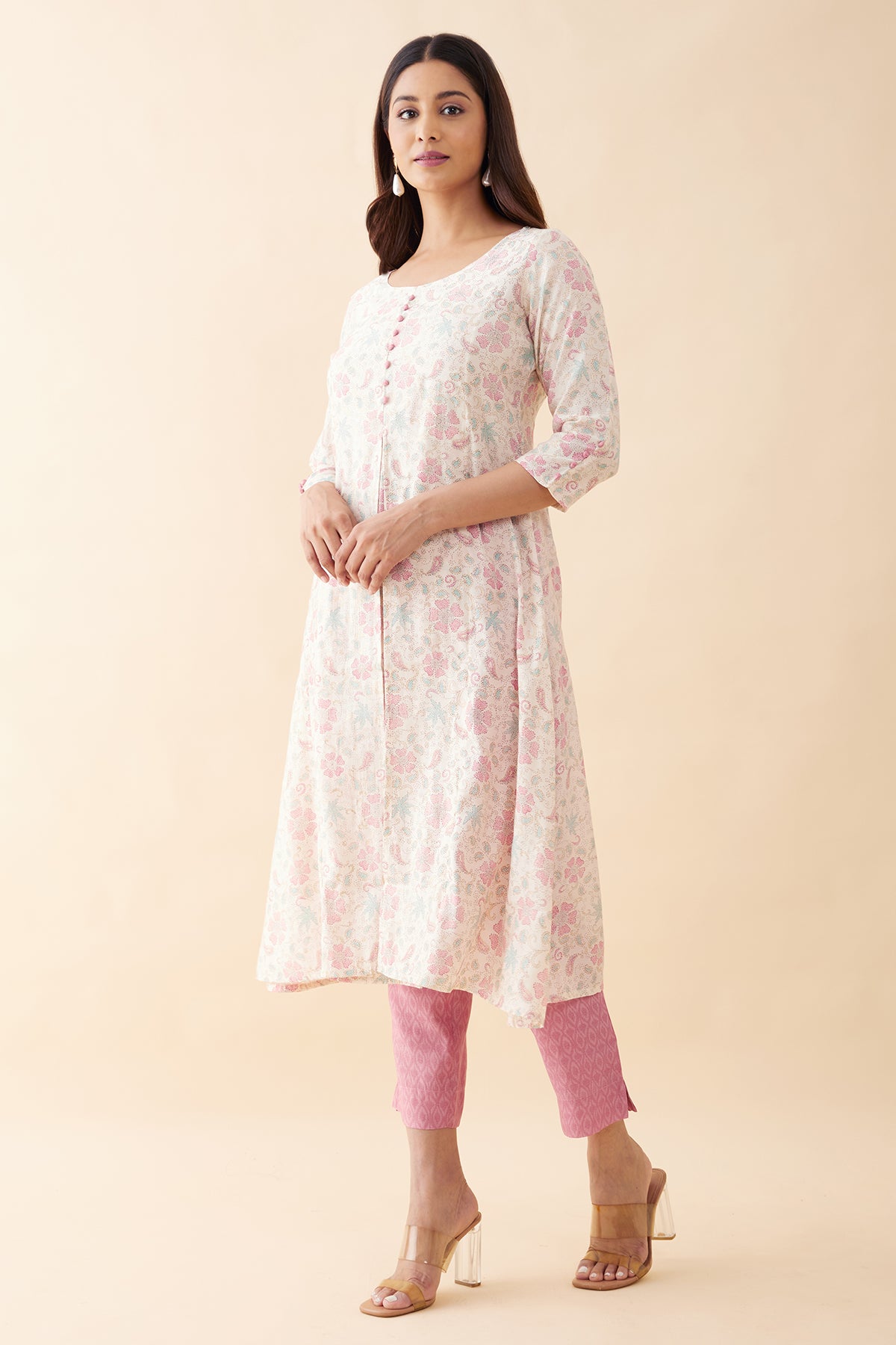 Floral Printed Kurta Pant - Off-White & Pink