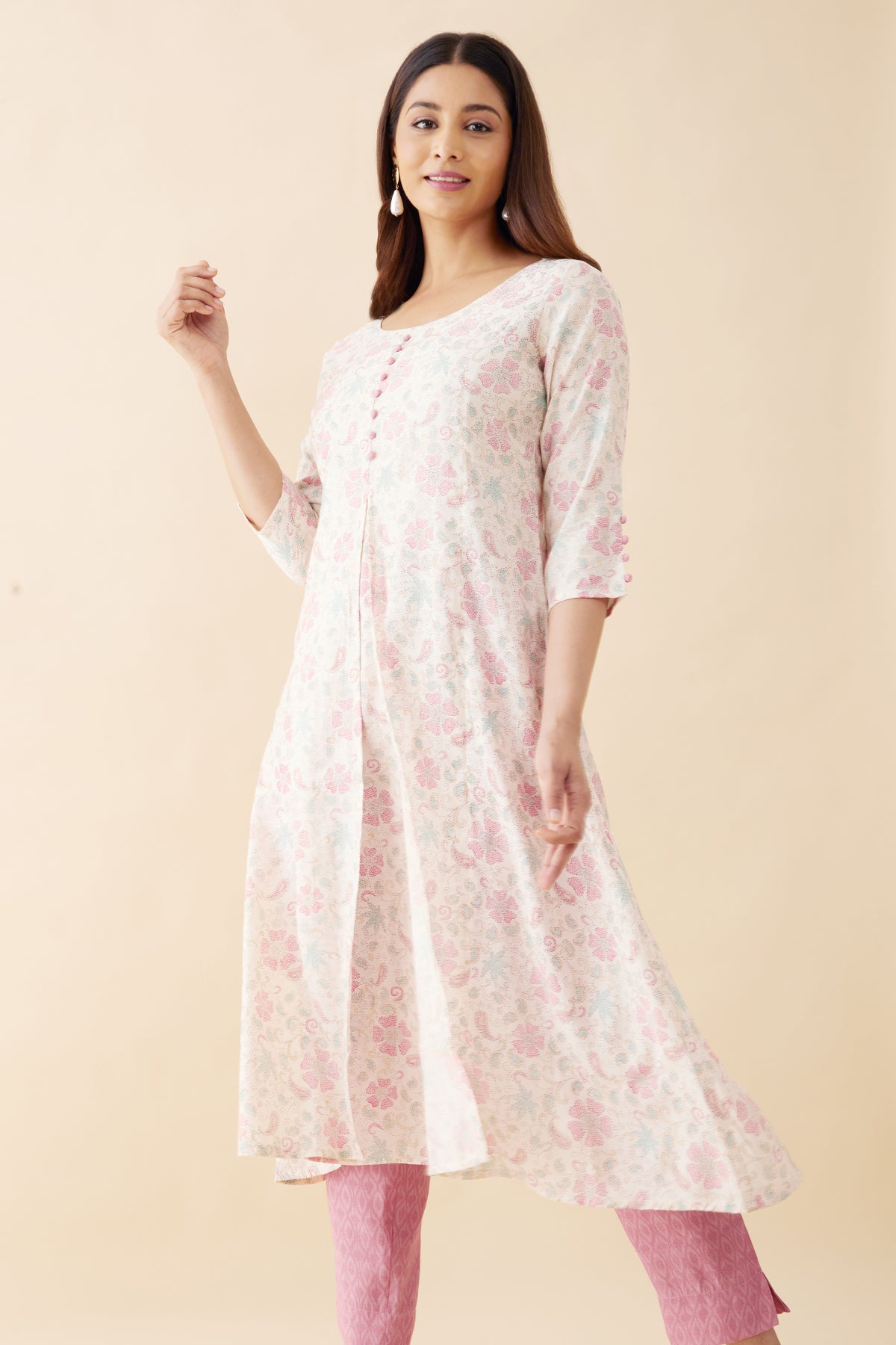 Floral Printed Kurta Pant - Off-White & Pink