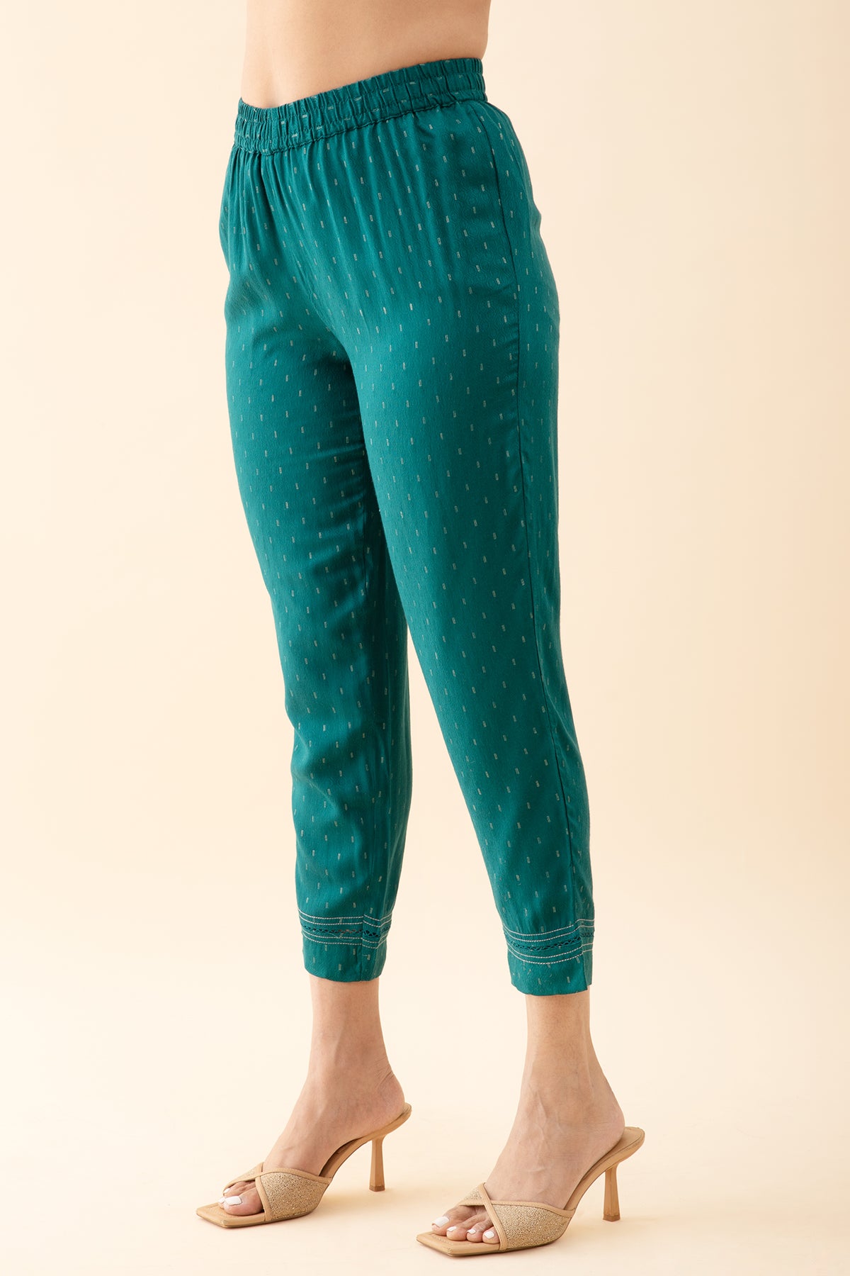 Textured Dobby with Contrast Floral Embroidered Yoke - Teal Green