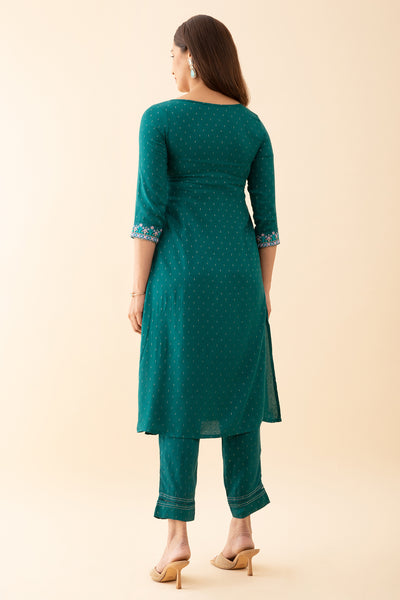 Textured Dobby with Contrast Floral Embroidered Yoke - Teal Green