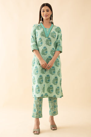 Floral Printed Cotton Kurta Pant - Green