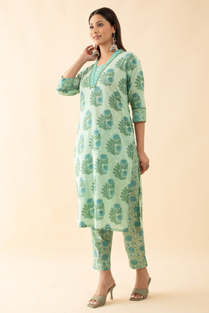 Floral Printed Cotton Kurta Pant - Green