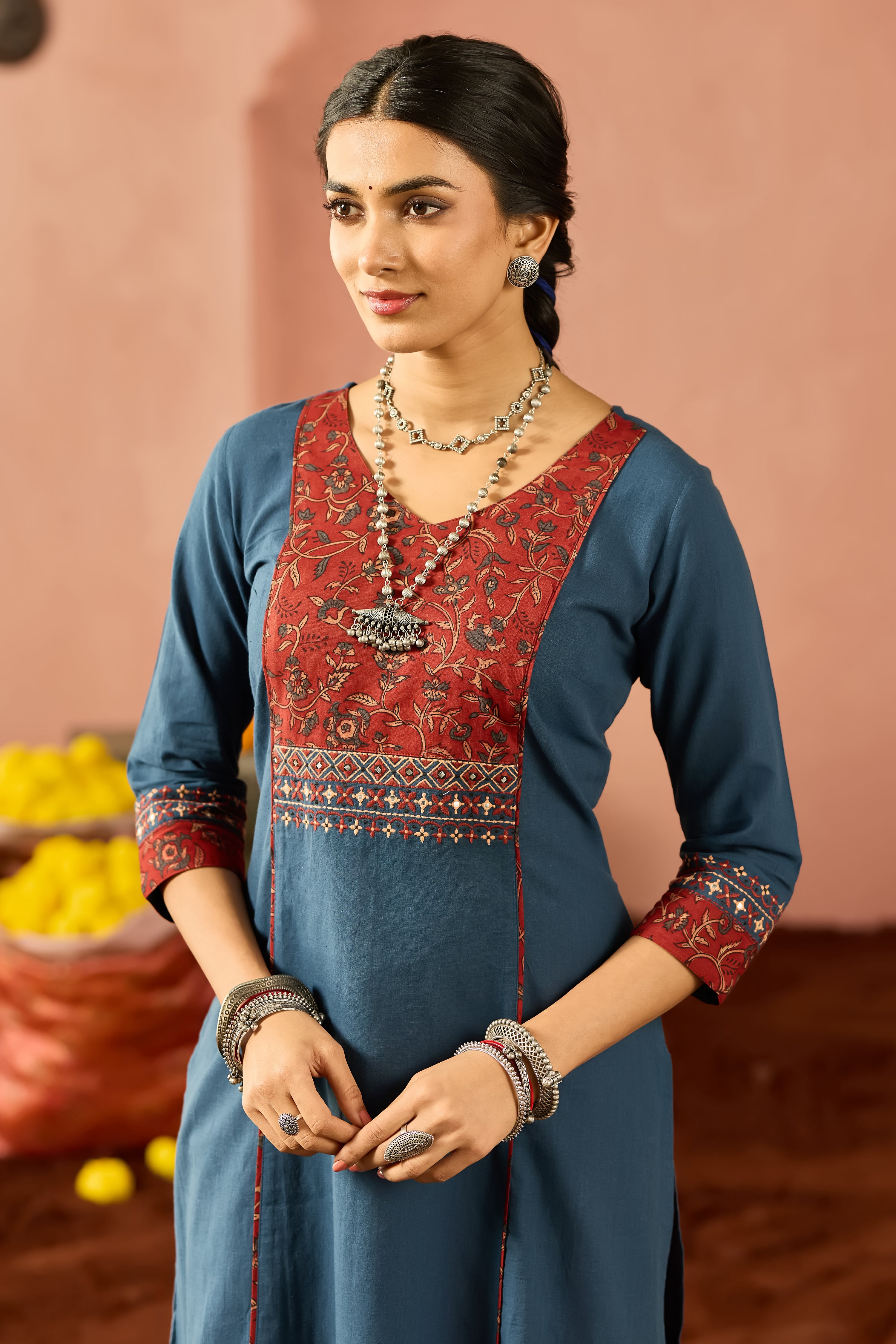 NAVY AJRAKH COTTON KURTA PANT SET