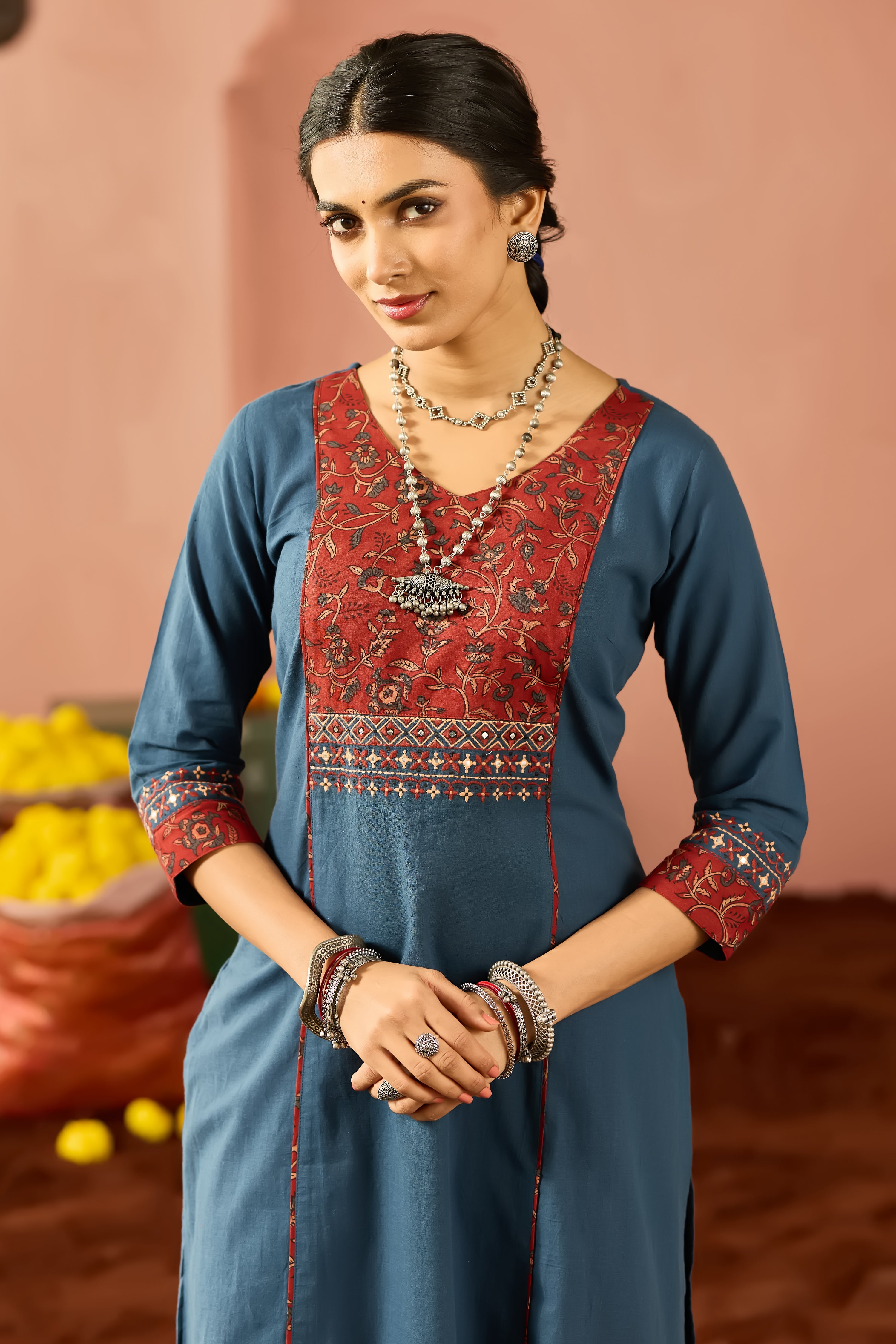 NAVY AJRAKH COTTON KURTA PANT SET