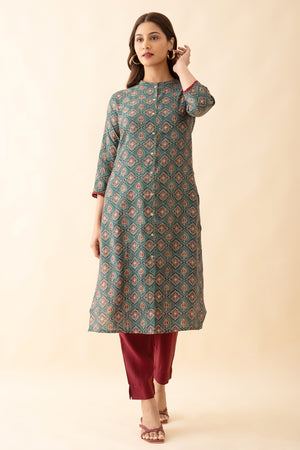 All over Floral Printed Kurta Pant Set Green Maroon