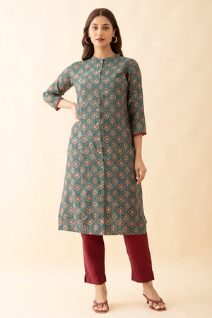 All over Floral Printed Kurta Pant Set Green Maroon