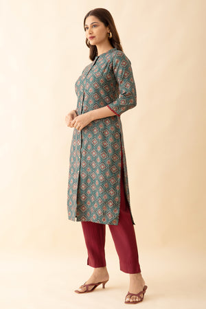 All over Floral Printed Kurta Pant Set Green Maroon