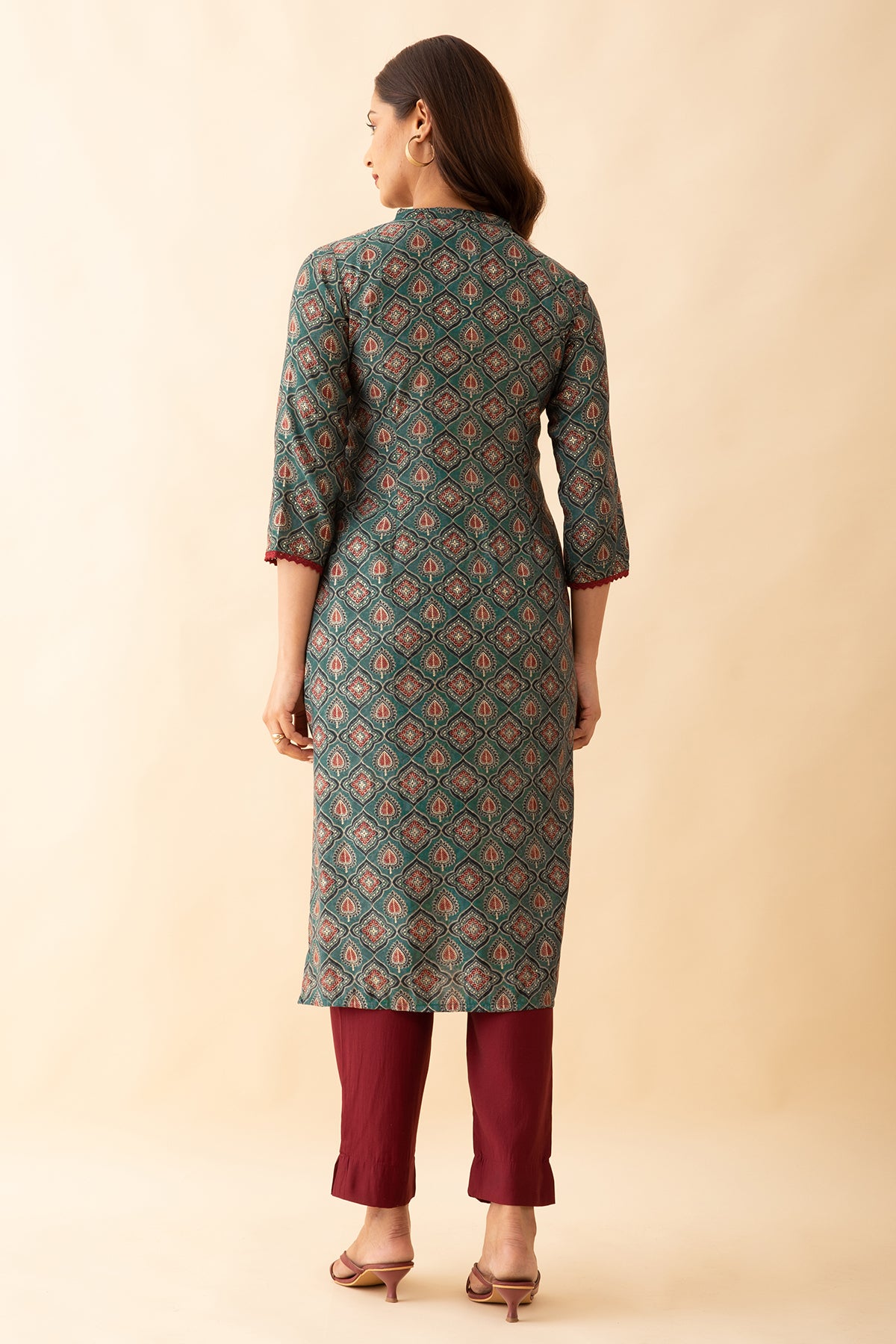 All over Floral Printed Kurta Pant Set Green Maroon