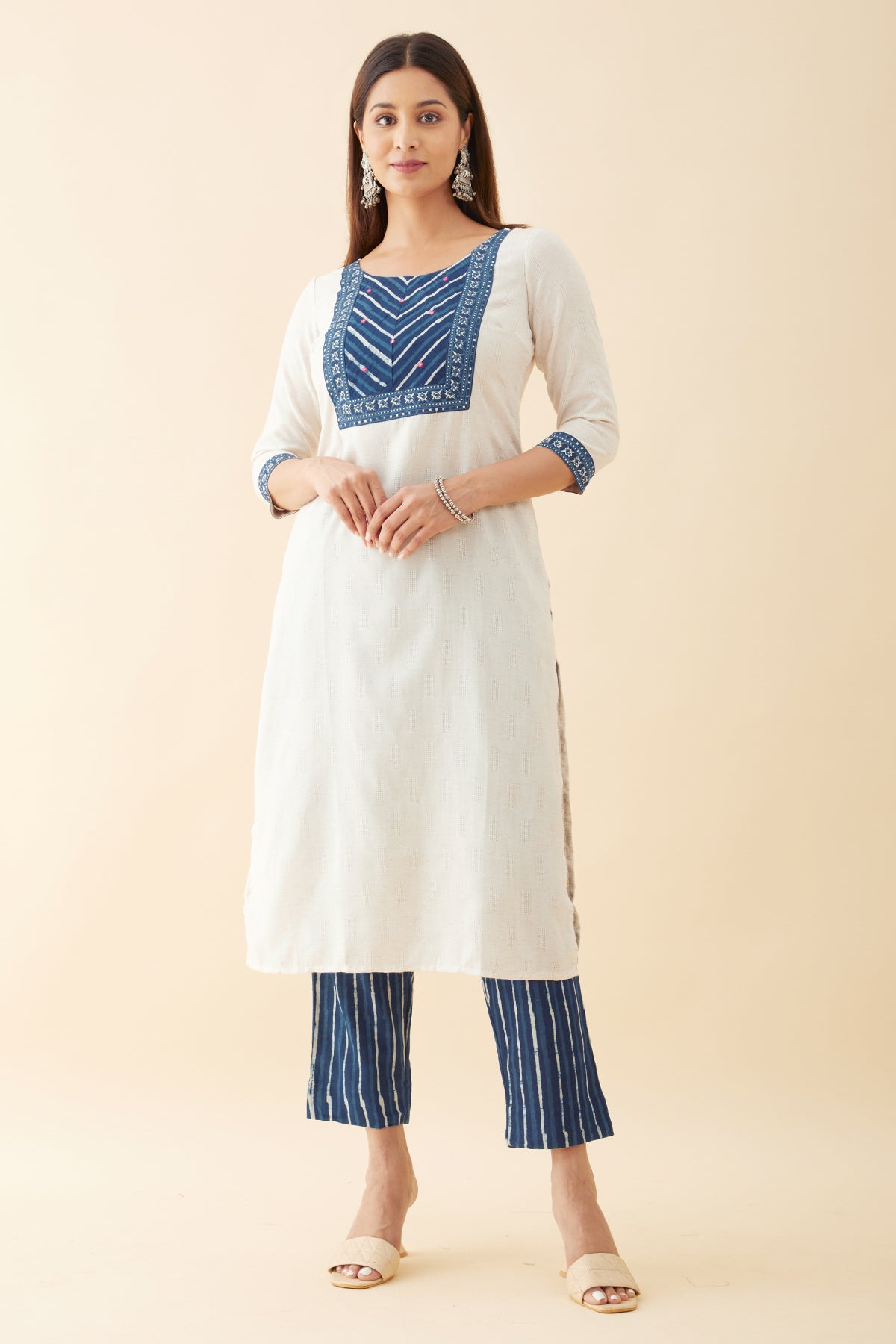 Indigo Printed Patchwork Kurta Pant - Off White & Blue