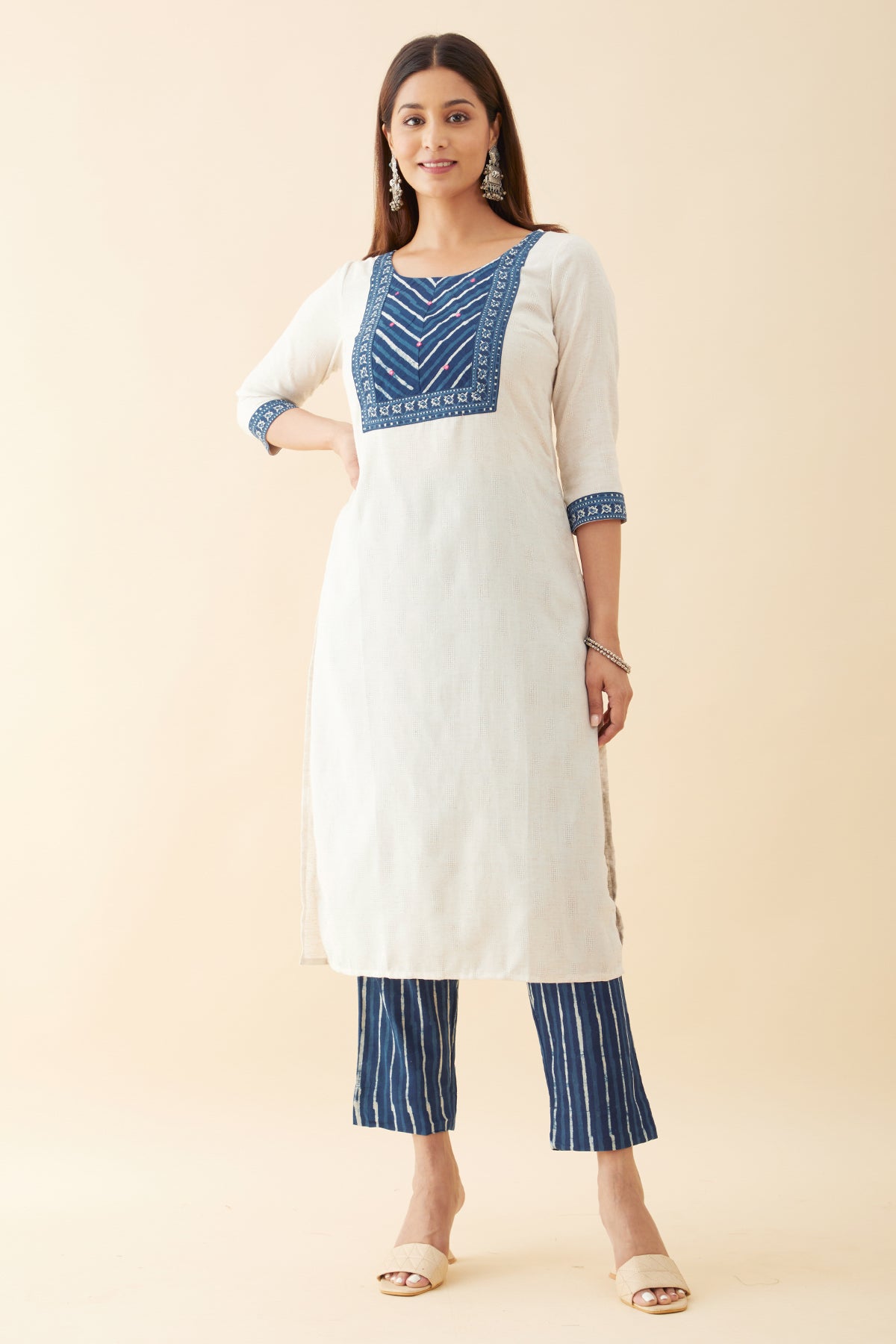 Indigo Printed Patchwork Kurta Pant - Off White & Blue