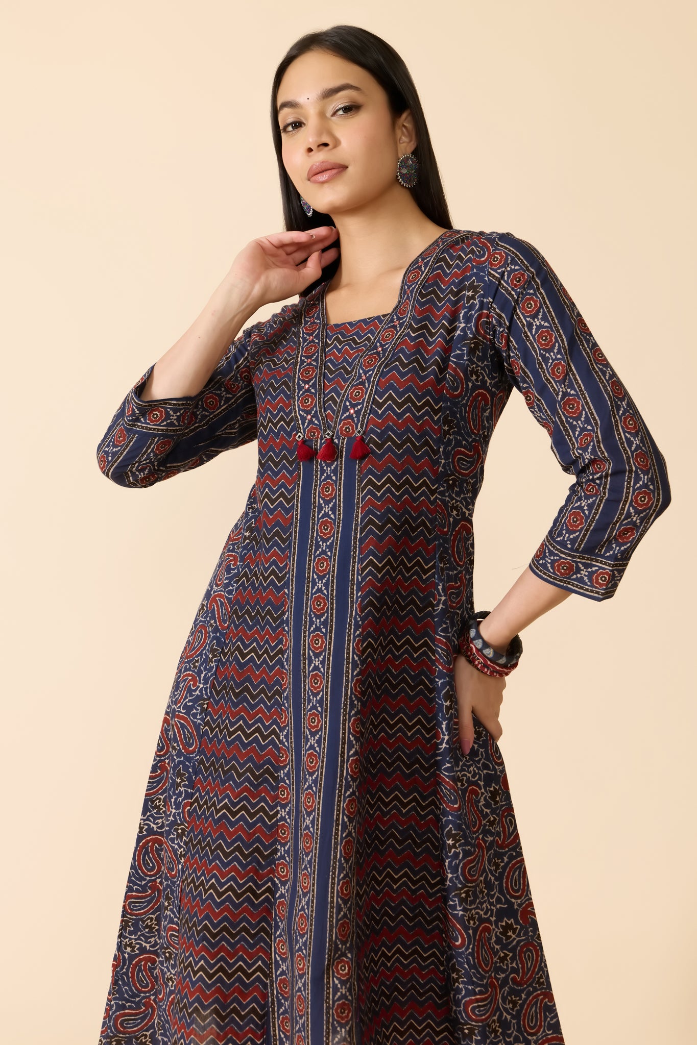 NAVY AJRAKH COTTON KURTA PANT SET