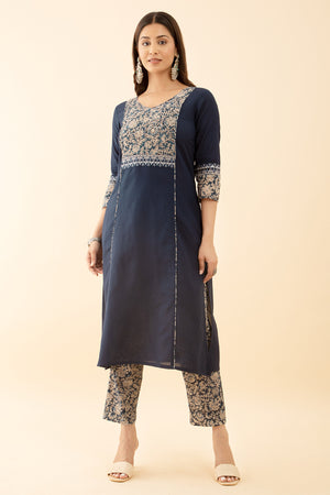 Kalamkari Yoke Patchwork KurtaSet with All Over printed Pant Blue