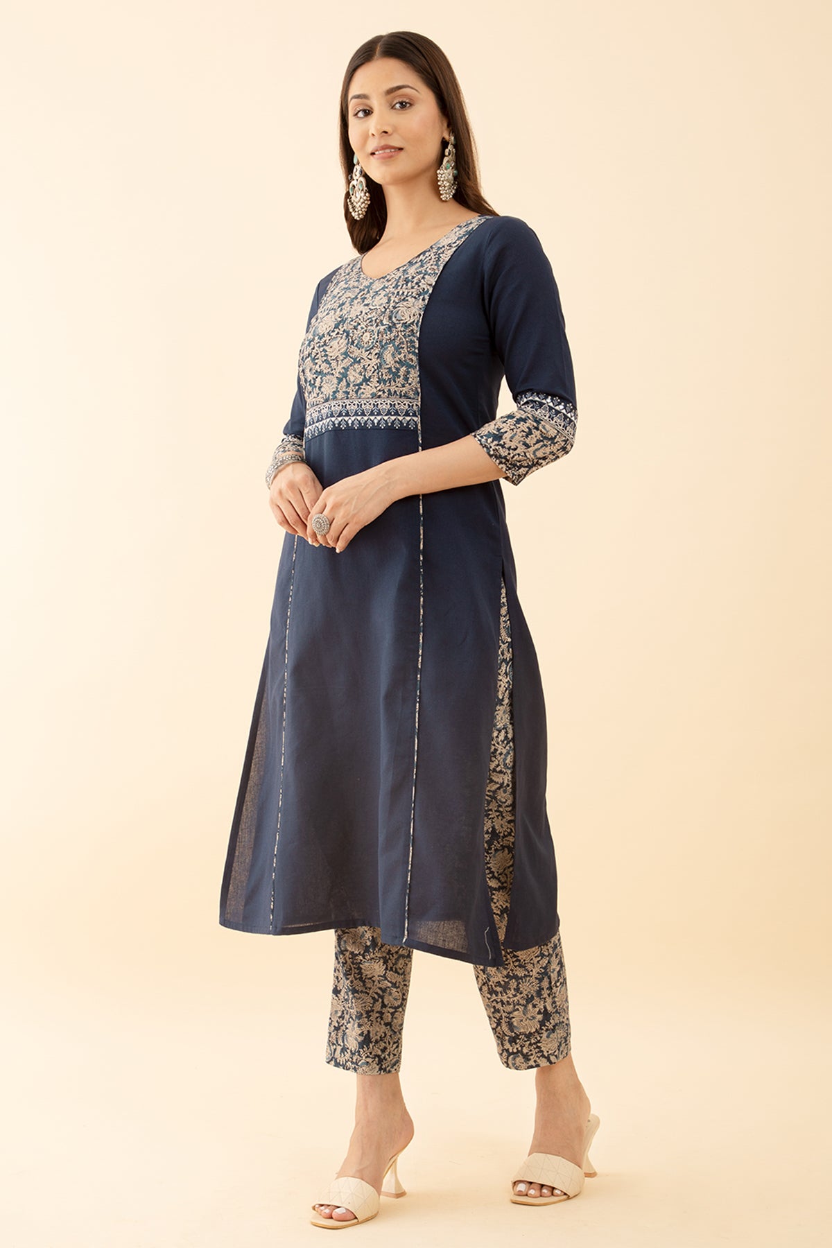 Kalamkari Yoke Patchwork KurtaSet with All Over printed Pant Blue