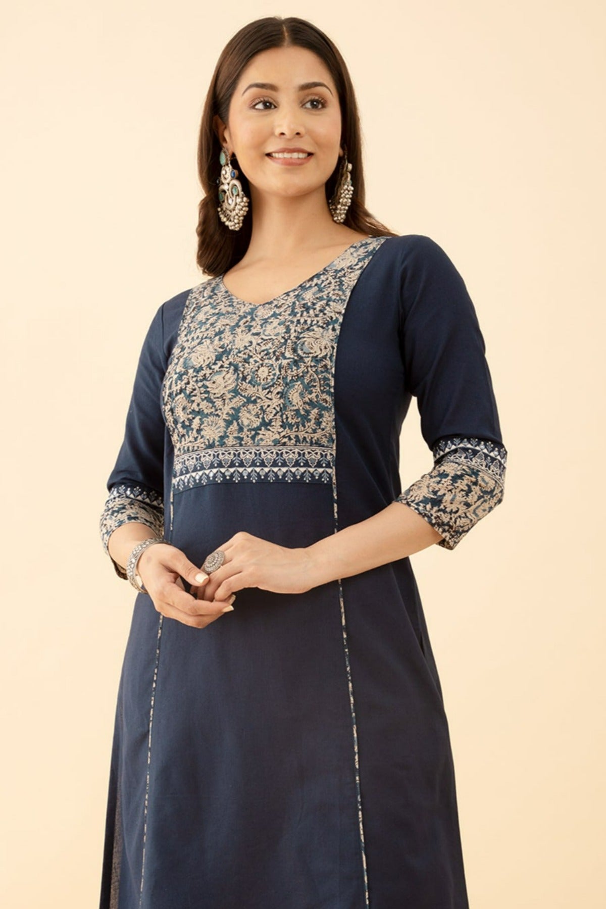 Kalamkari Yoke Patchwork KurtaSet with All Over printed Pant Blue