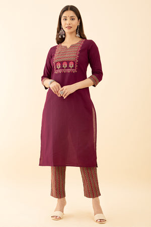 Floral Maroon Kurta Set with Patch Work Embroidery