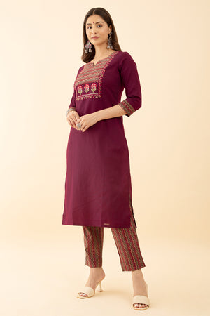 Floral Maroon Kurta Set with Patch Work Embroidery