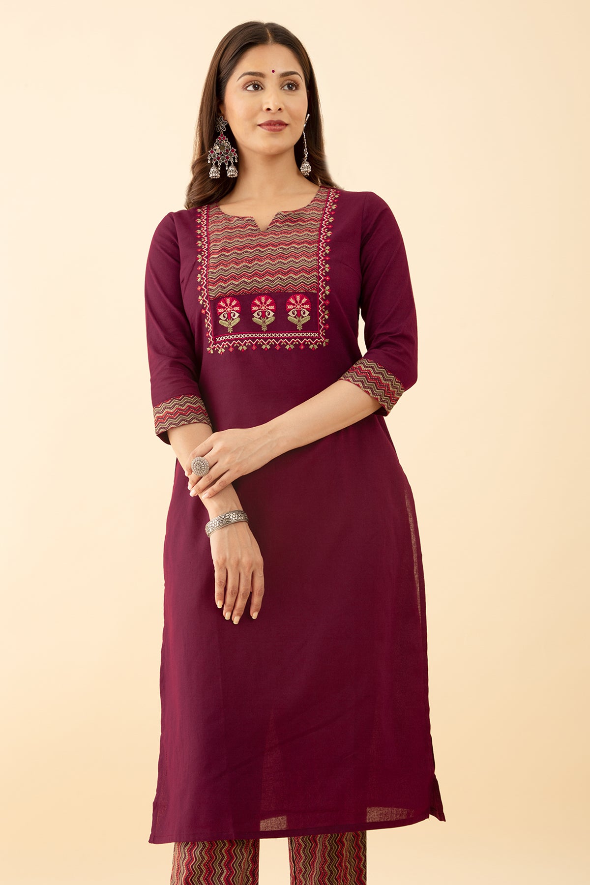 Floral Maroon Kurta Set with Patch Work Embroidery