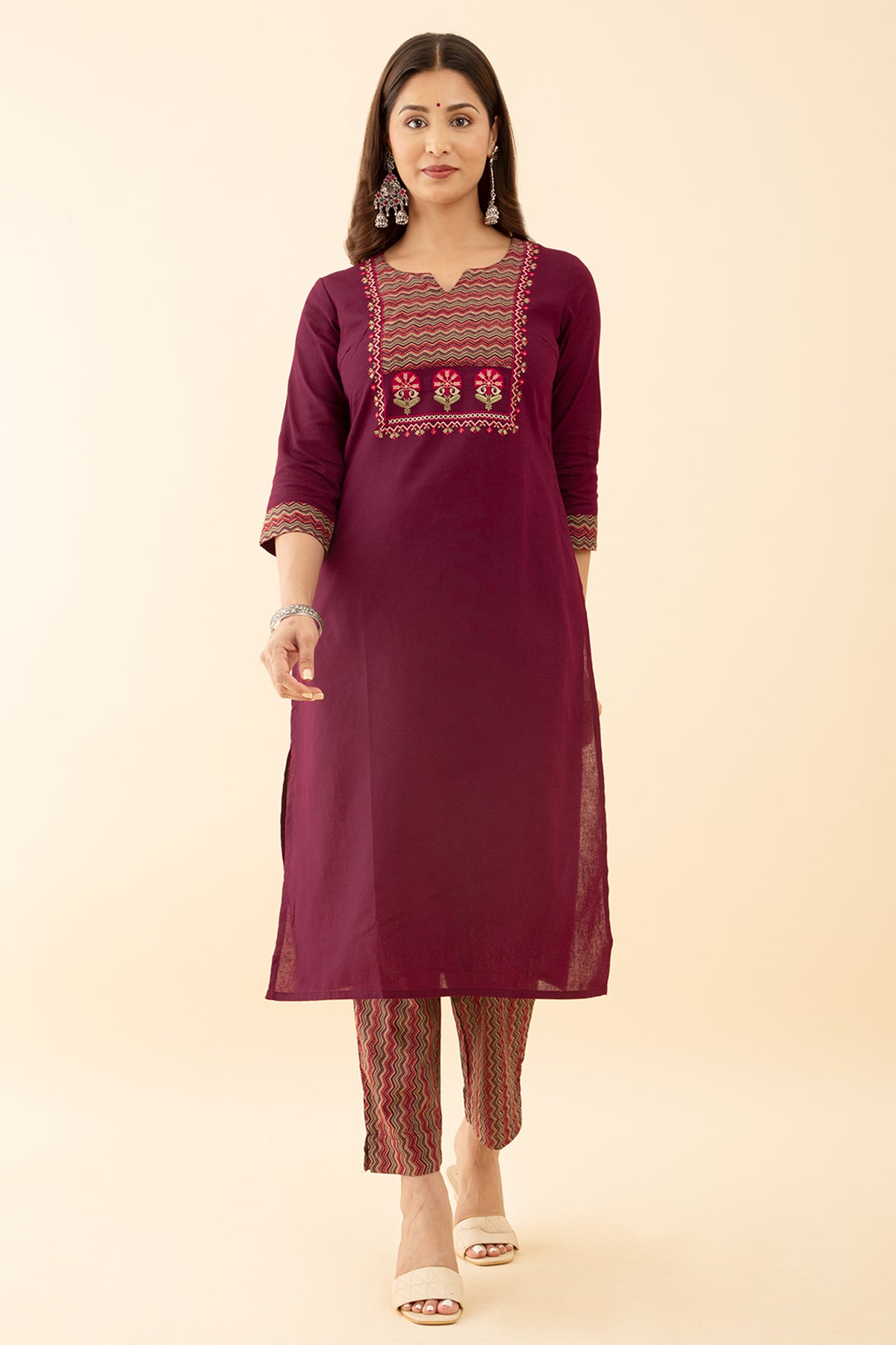 Floral Maroon Kurta Set with Patch Work Embroidery