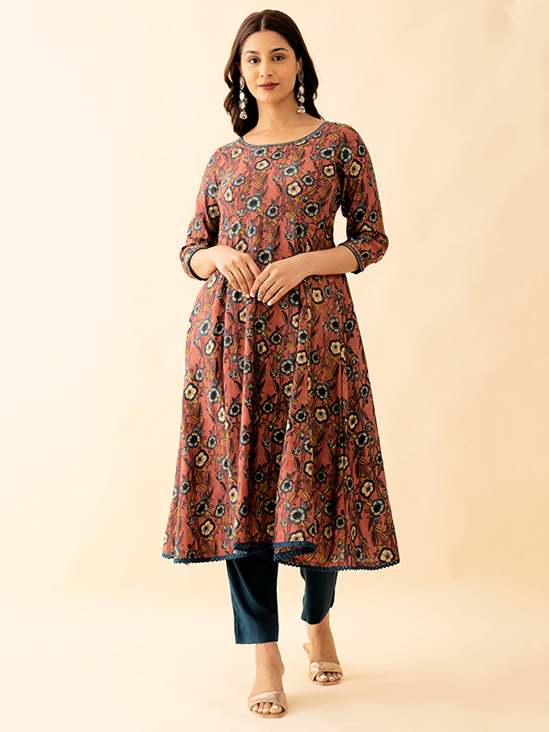 Jewel Embroidered Neckline With Allover Floral Embroidered Kurta Pant Set Maroon