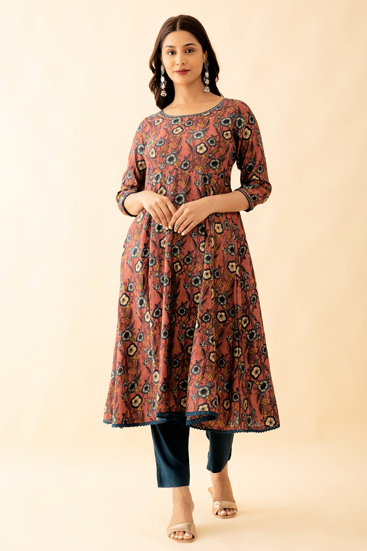 Jewel Embroidered Neckline With Allover Floral Embroidered Kurta Pant Set Maroon