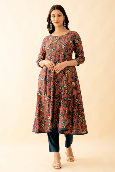 Jewel Embroidered Neckline With Allover Floral Embroidered Kurta Pant Set - Maroon