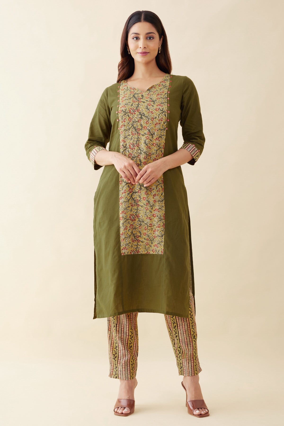 Kalamkari Printed Kurta Pant - Green & Mustard