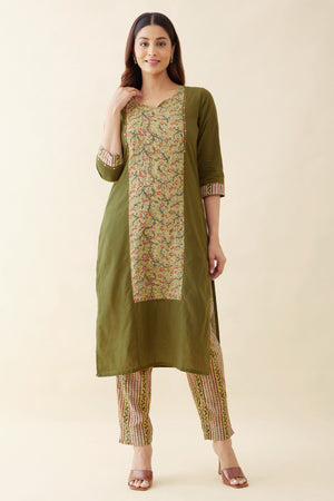 Kalamkari Printed Kurta Pant - Green & Mustard