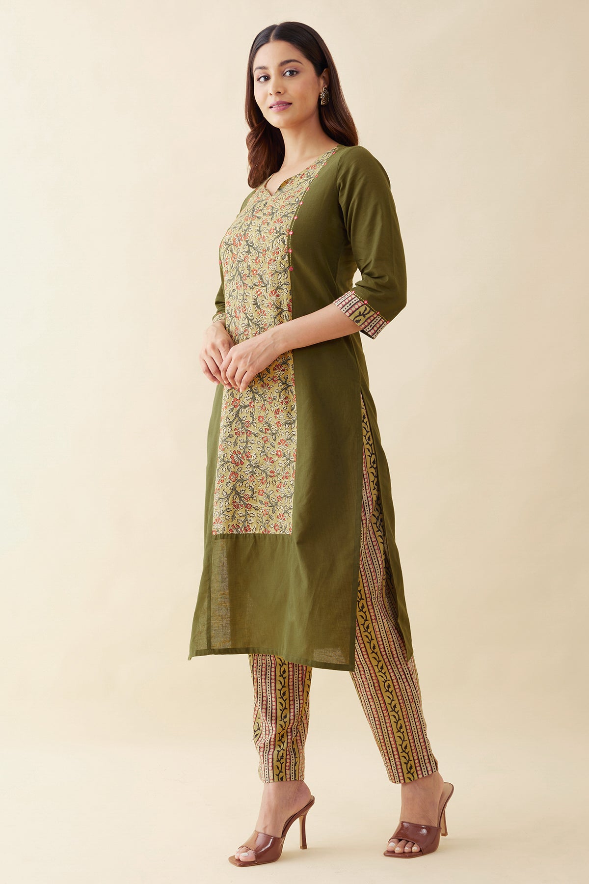 Kalamkari Printed Kurta Pant - Green & Mustard