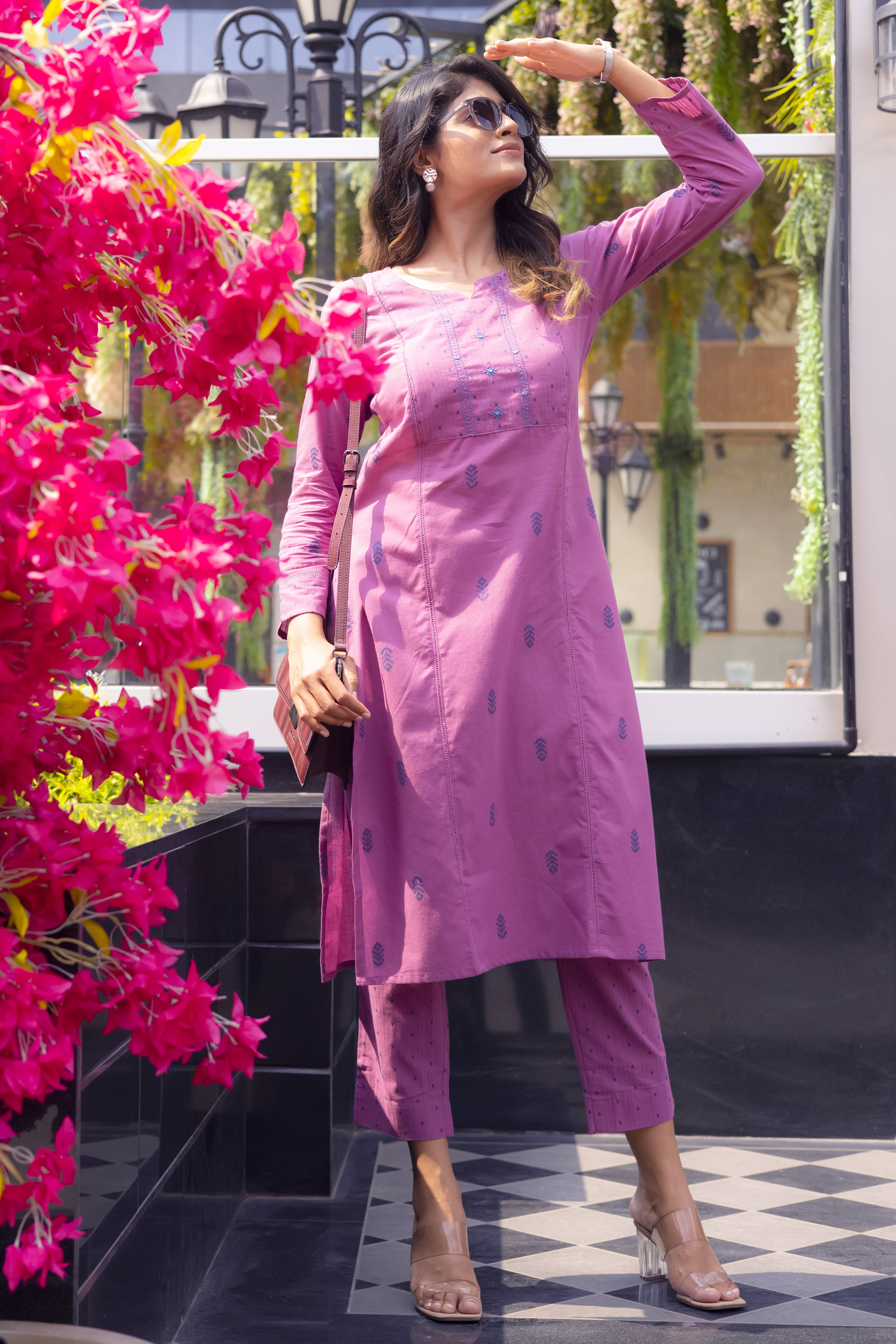 Purple Cotton Dobby & Embroidered Kurta Pant Set