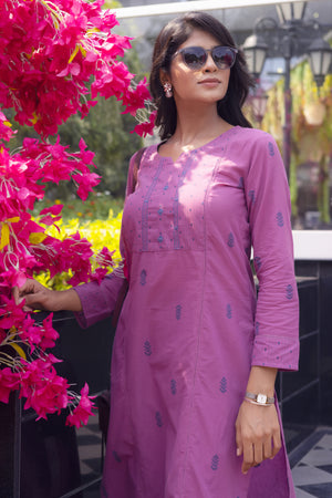 Purple Cotton Dobby & Embroidered Kurta Pant Set