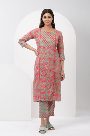 Floral Printed Cotton Kurta Pant - Green