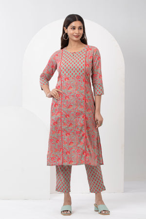 Floral Printed Cotton Kurta Pant - Green