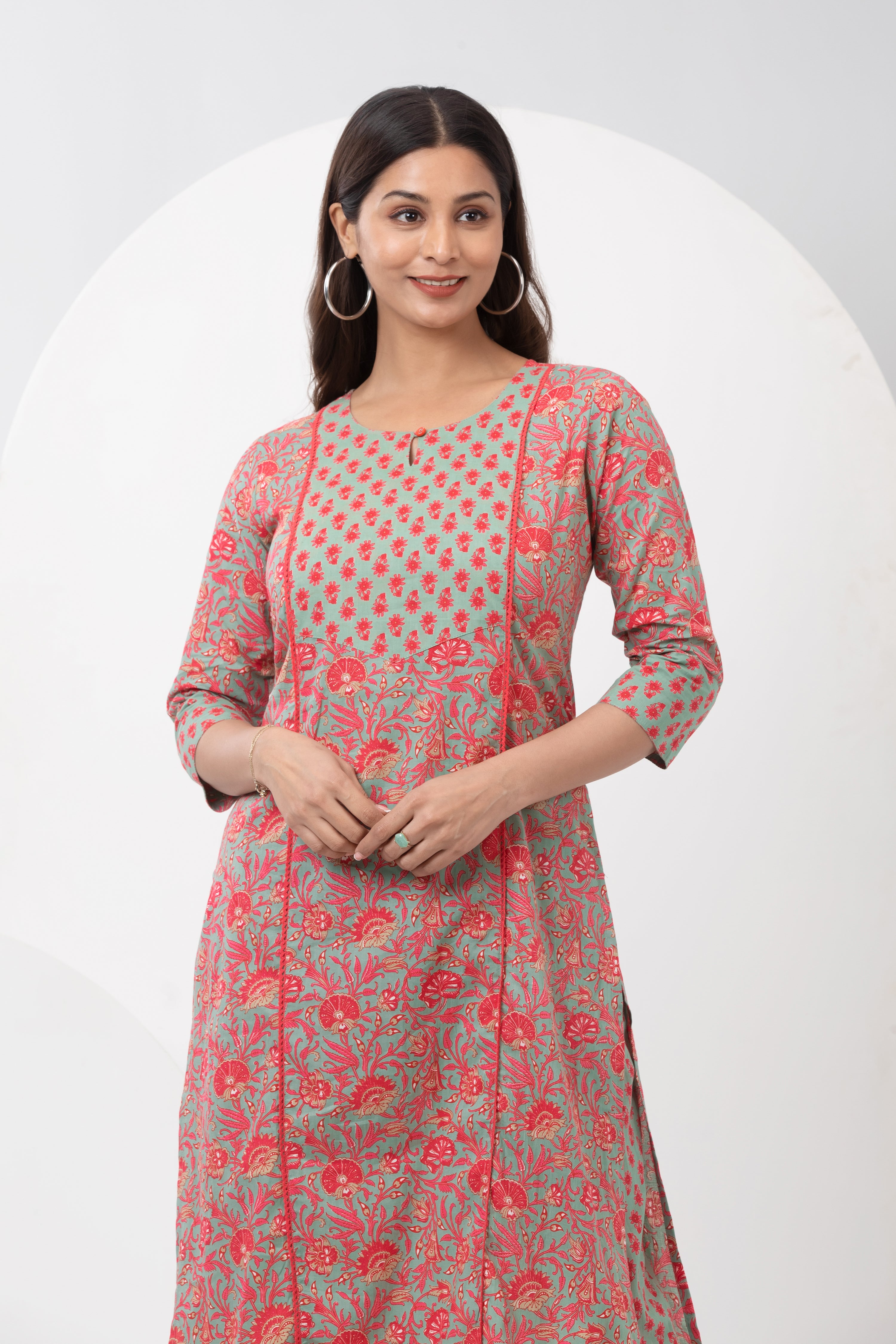 Floral Printed Cotton Kurta Pant - Green