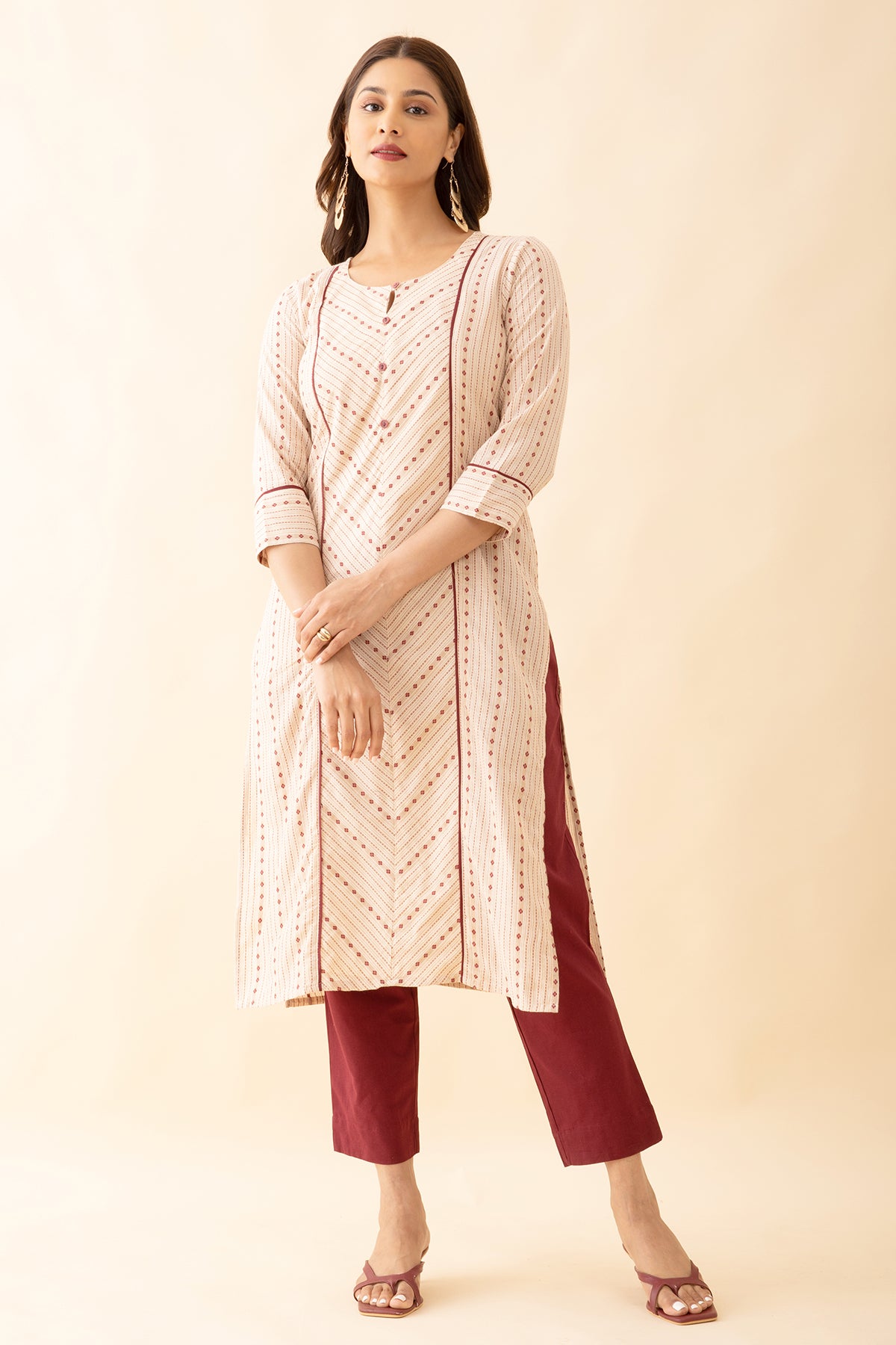 Allover Stripe Dobby Weave Kurta Pant Set Beige Maroon