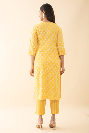 Floral Printed Cotton Kurta Pant - Yellow