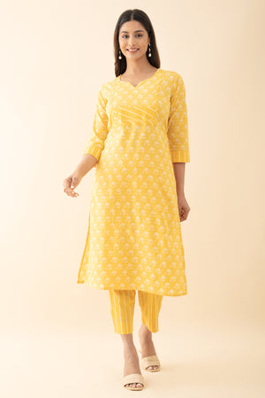 Floral Printed Cotton Kurta Pant - Yellow