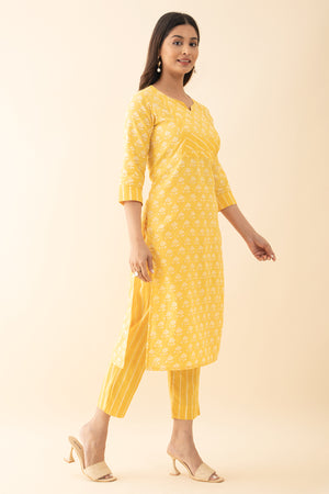 Floral Printed Cotton Kurta Pant - Yellow